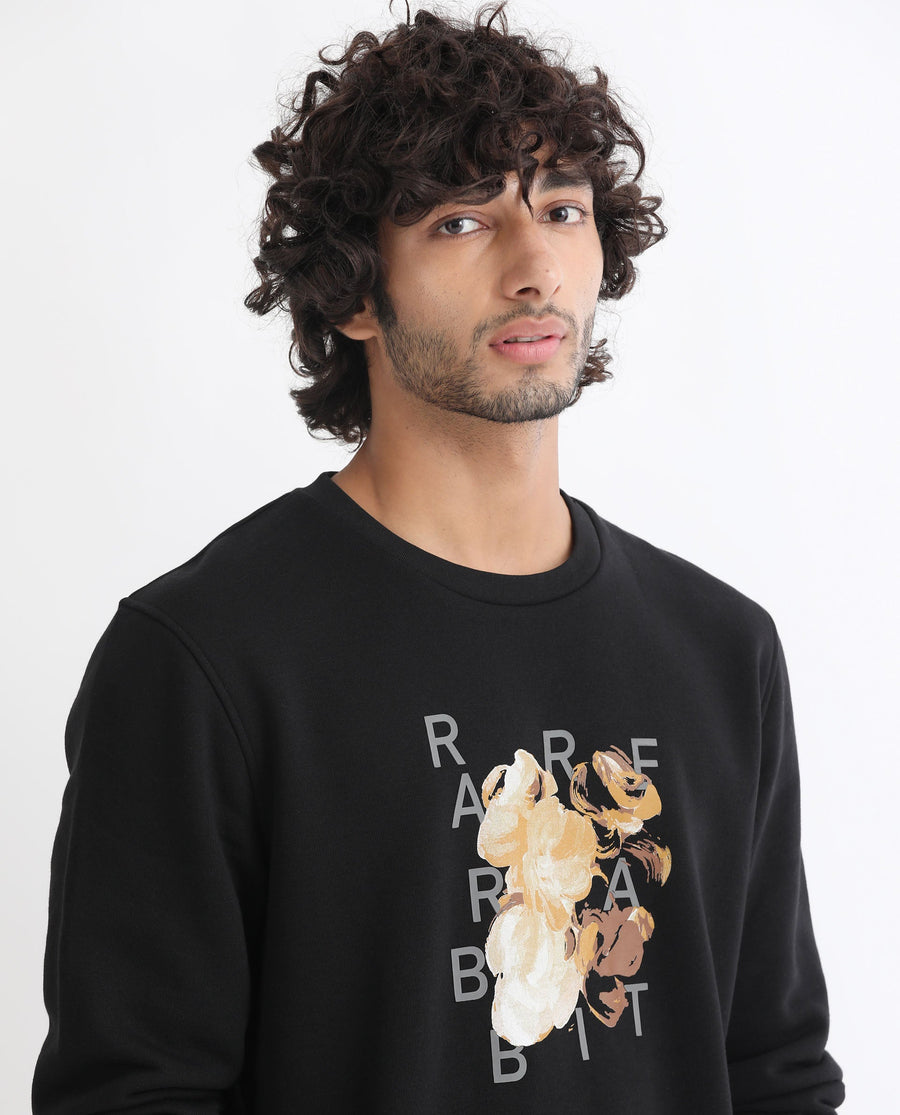 Rare Rabbit Men's Notic Black Cotton Floral Print Relaxed Fit Full Sleeve Crew Neck Sweatshirt