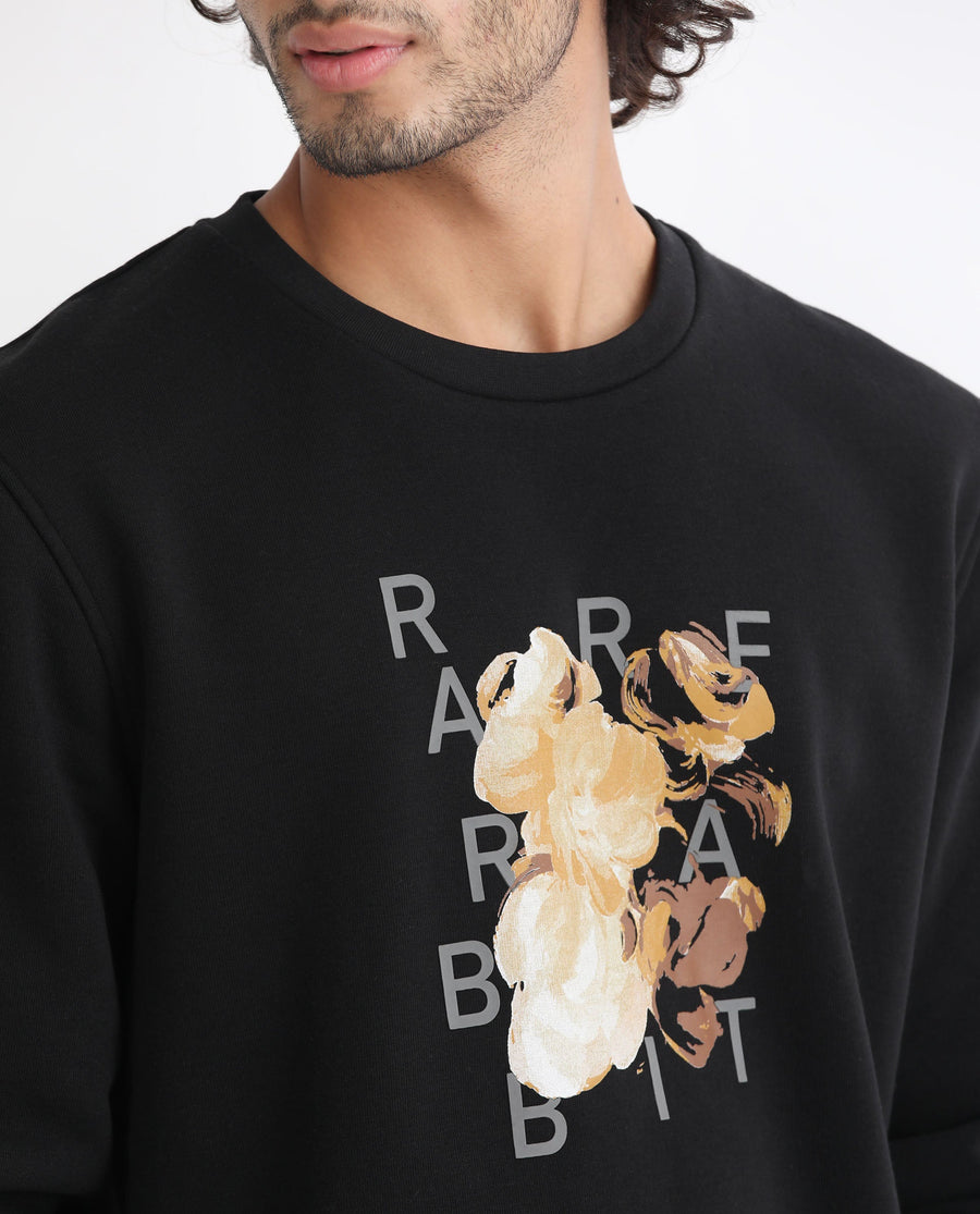 Rare Rabbit Men's Notic Black Cotton Floral Print Relaxed Fit Full Sleeve Crew Neck Sweatshirt