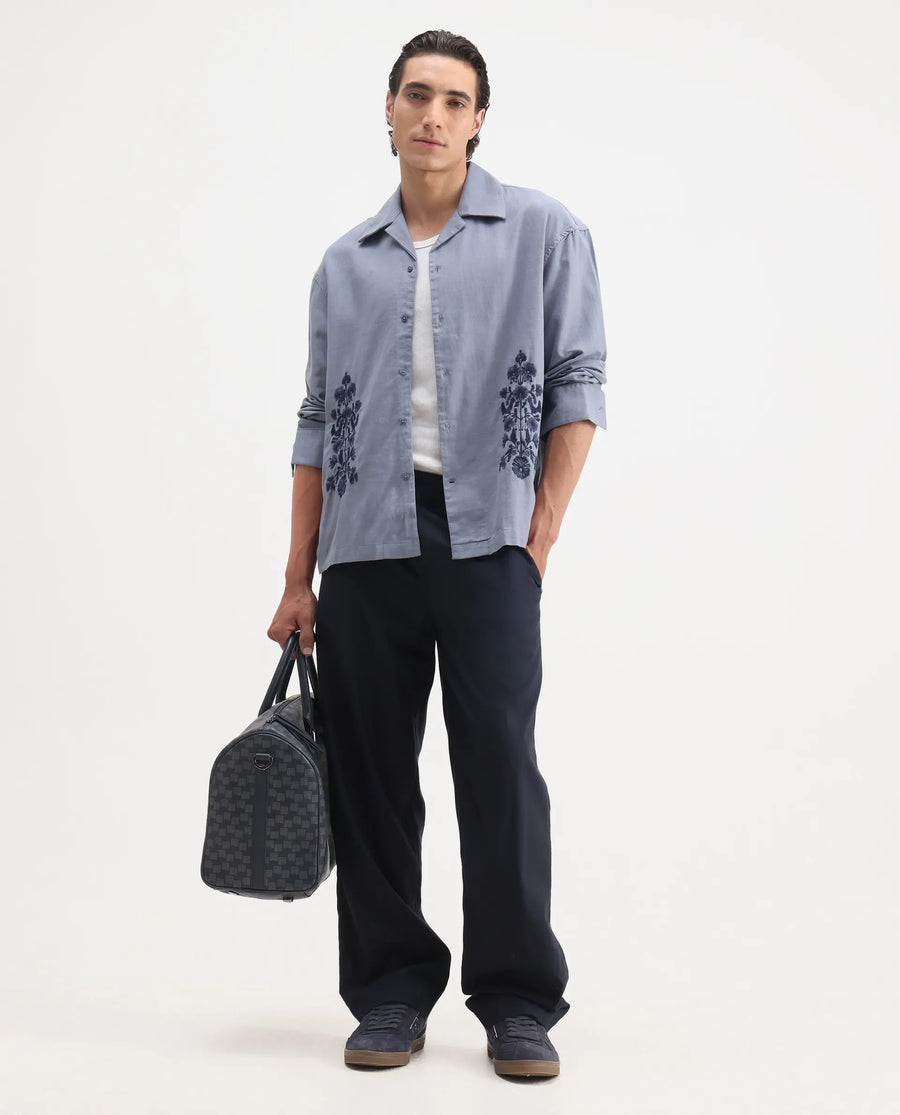 Rare Rabbit Men's Noyon Light Blue Cotton Embroidered Relaxed Fit Full Sleeve Cuban Collar Shirt