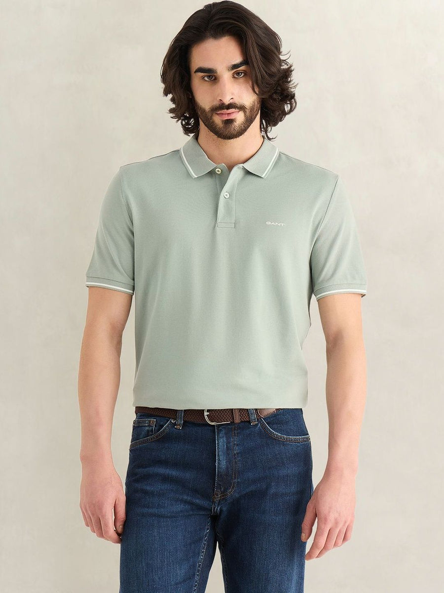 Gant Men Grey Solid Regular Fit Pique Polo T-Shirt
