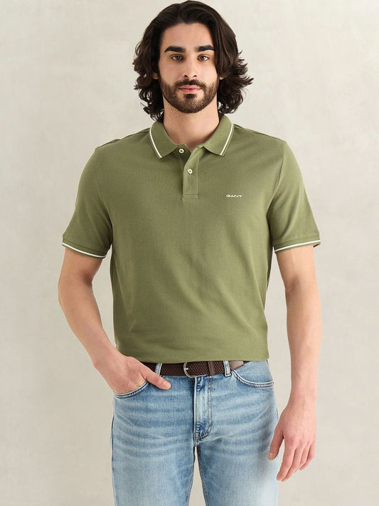 Gant Men Green Solid Regular Fit Pique Polo T-Shirt