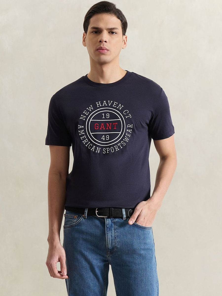 Gant Men Navy Blue Printed Regular Fit Pure Cotton T-Shirt