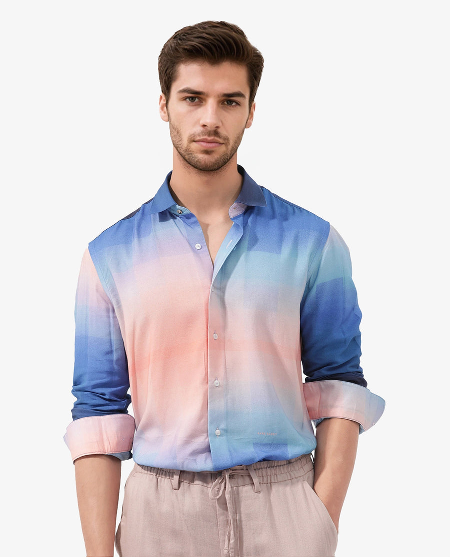 Rare Rabbit Men's Obroom Light Pink Viscose Ombre Regular Fit Full Sleeve Collared Shirt