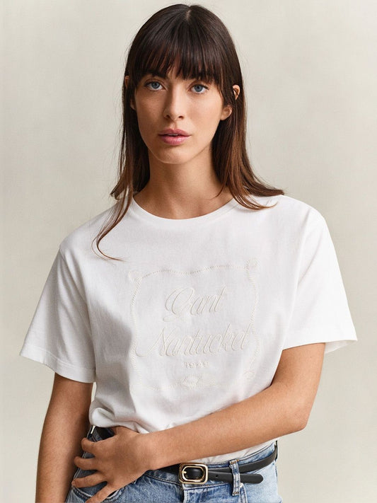 Gant Women White Graphic Print Relaxed Fit Pure Cotton T-Shirt