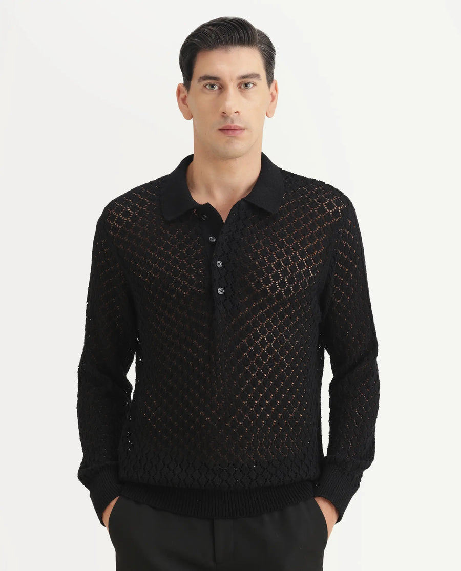 Rare Rabbit Men's Ocon Black Cotton Blend Fabric Collared Neck Regular Fit Geometric Print Polo