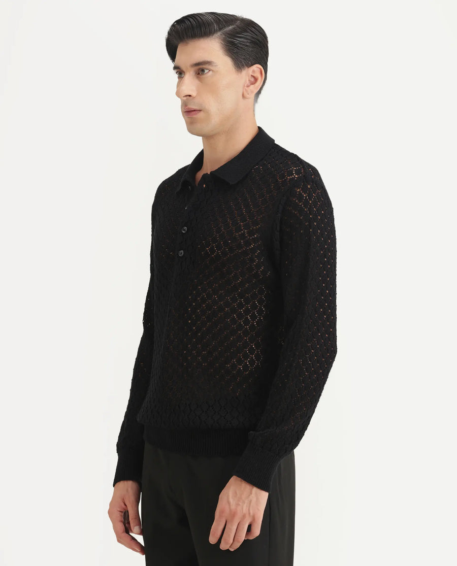 Rare Rabbit Men's Ocon Black Cotton Blend Fabric Collared Neck Regular Fit Geometric Print Polo