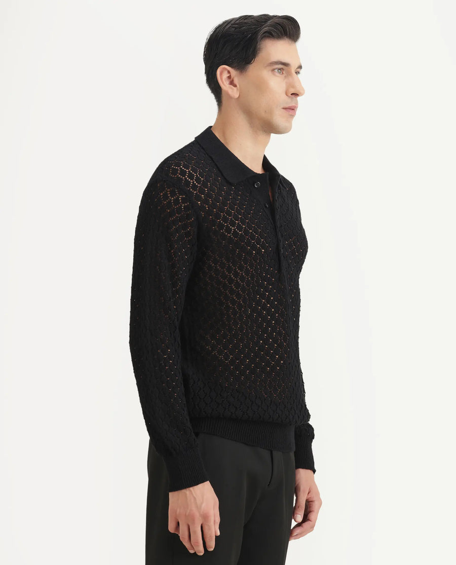 Rare Rabbit Men's Ocon Black Cotton Blend Fabric Collared Neck Regular Fit Geometric Print Polo