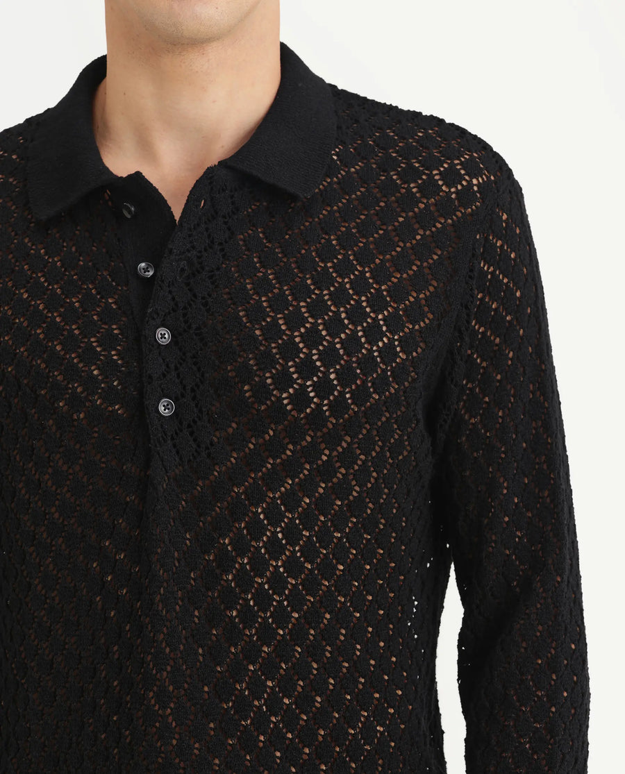 Rare Rabbit Men's Ocon Black Cotton Blend Fabric Collared Neck Regular Fit Geometric Print Polo