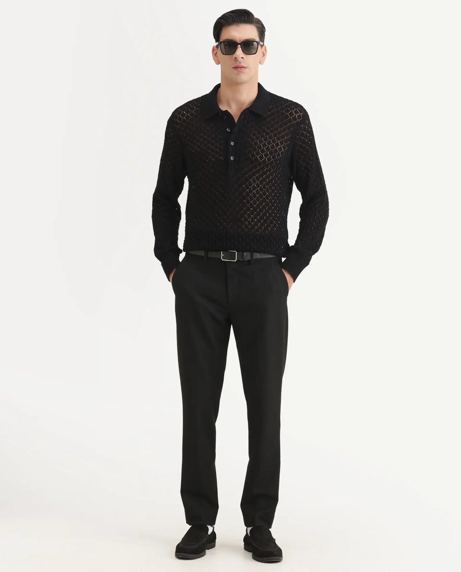 Rare Rabbit Men's Ocon Black Cotton Blend Fabric Collared Neck Regular Fit Geometric Print Polo