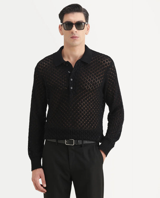 Rare Rabbit Men's Ocon Black Cotton Blend Fabric Collared Neck Regular Fit Geometric Print Polo