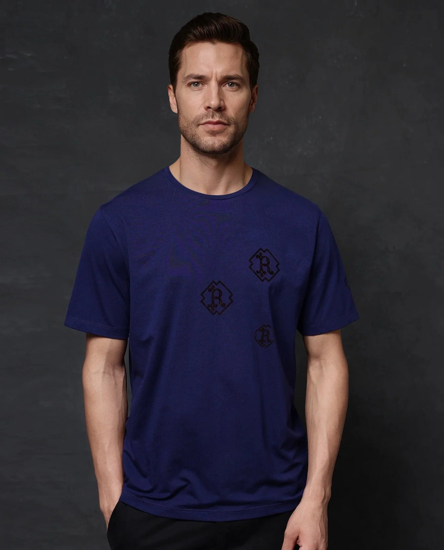 Rare Rabbit Men's Odon Navy Cotton Blend Graphic Print Regular Fit Half Sleeve Crew Neck T-Shirt