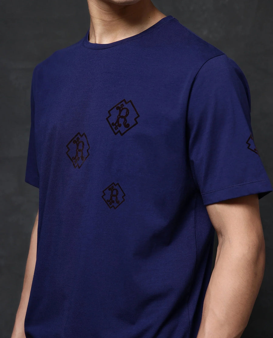 Rare Rabbit Men's Odon Navy Cotton Blend Graphic Print Regular Fit Half Sleeve Crew Neck T-Shirt