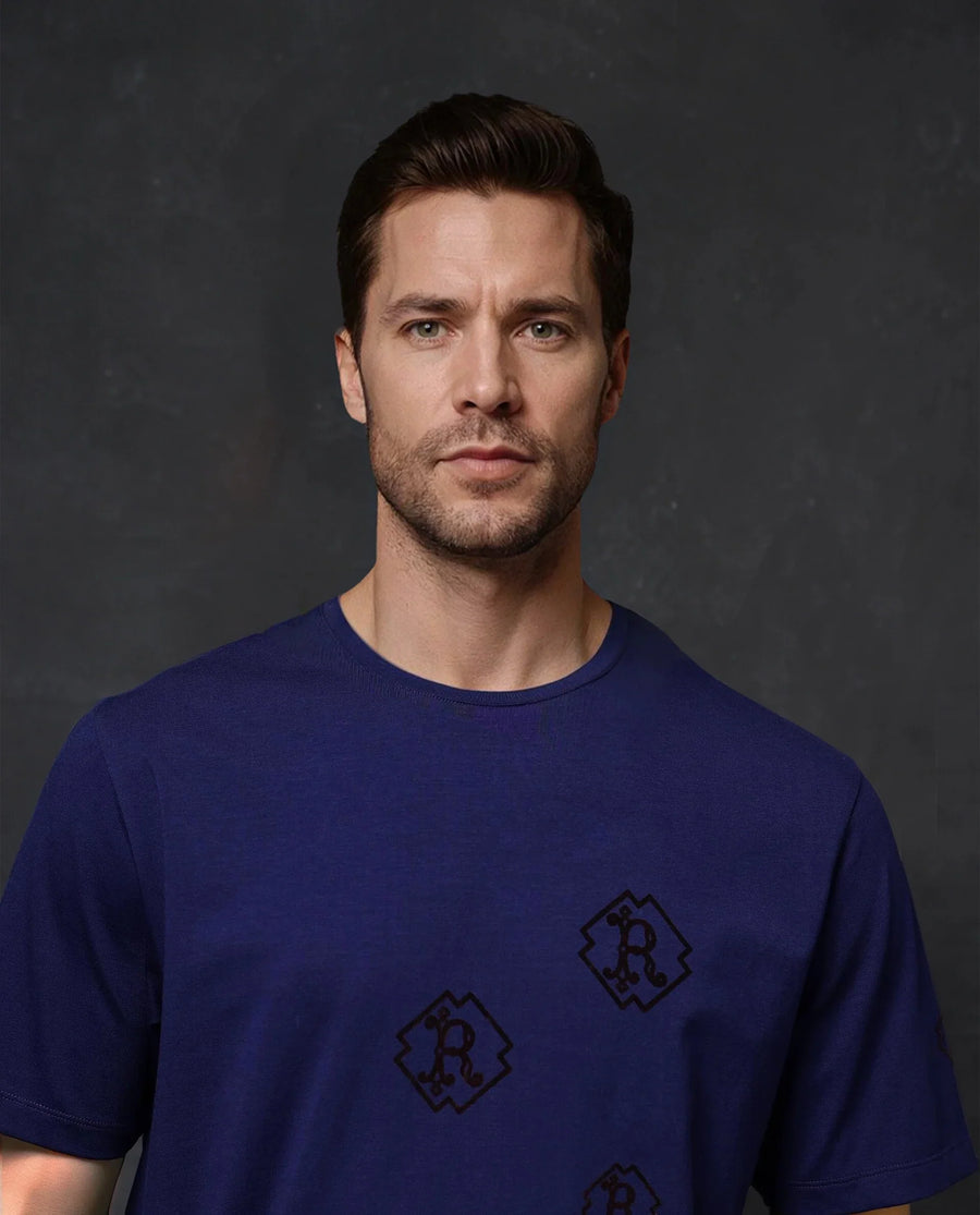 Rare Rabbit Men's Odon Navy Cotton Blend Graphic Print Regular Fit Half Sleeve Crew Neck T-Shirt