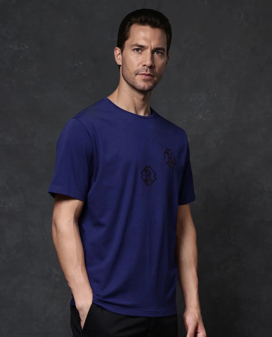 Rare Rabbit Men's Odon Navy Cotton Blend Graphic Print Regular Fit Half Sleeve Crew Neck T-Shirt