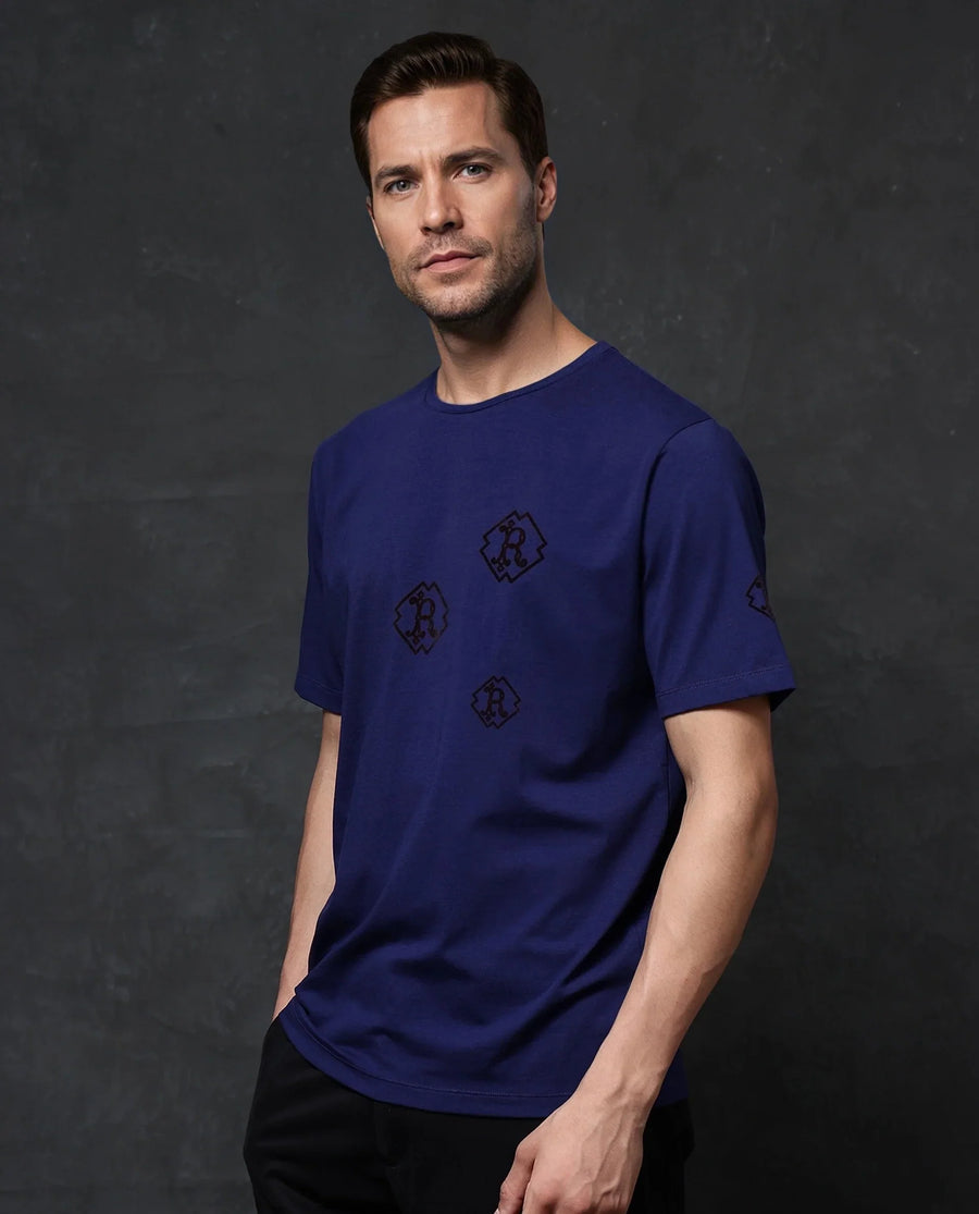 Rare Rabbit Men's Odon Navy Cotton Blend Graphic Print Regular Fit Half Sleeve Crew Neck T-Shirt