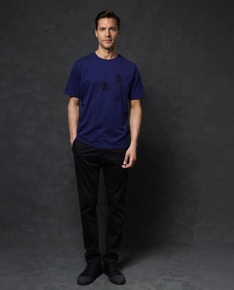 Rare Rabbit Men's Odon Navy Cotton Blend Graphic Print Regular Fit Half Sleeve Crew Neck T-Shirt