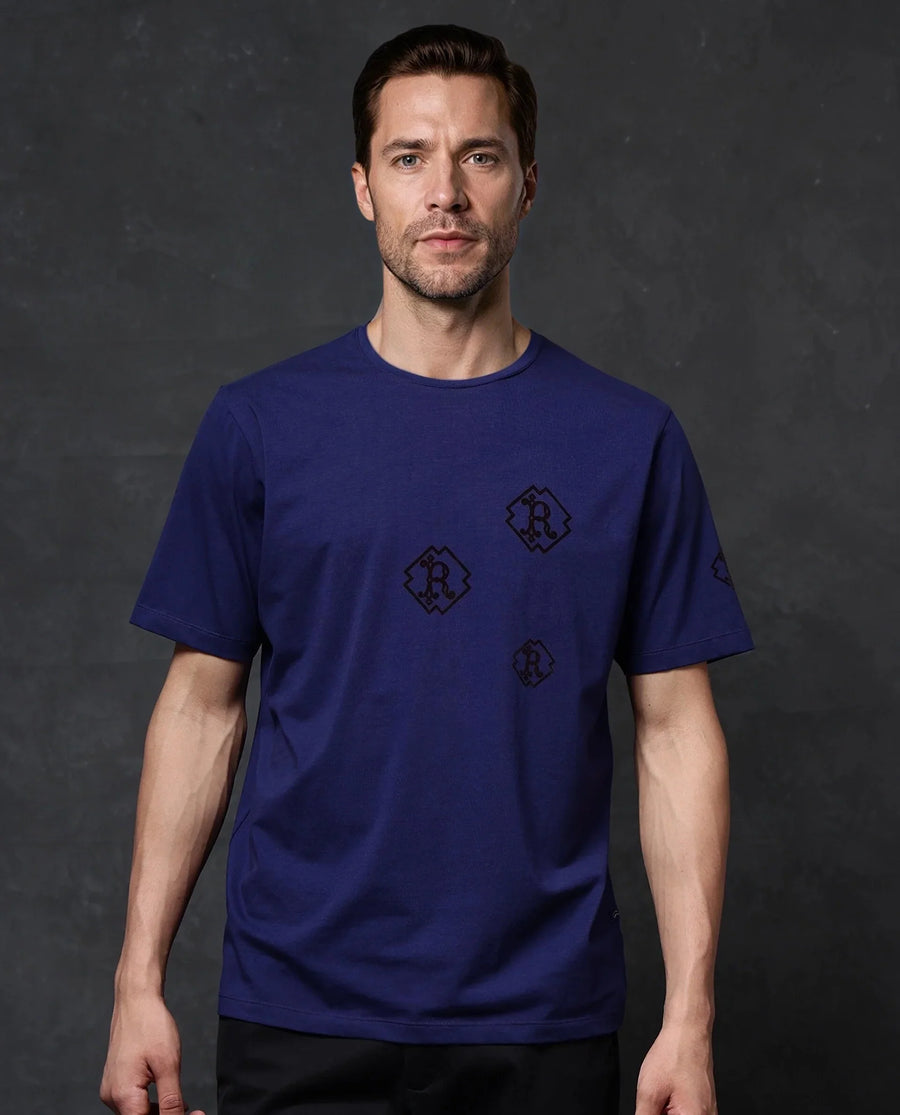 Rare Rabbit Men's Odon Navy Cotton Blend Graphic Print Regular Fit Half Sleeve Crew Neck T-Shirt