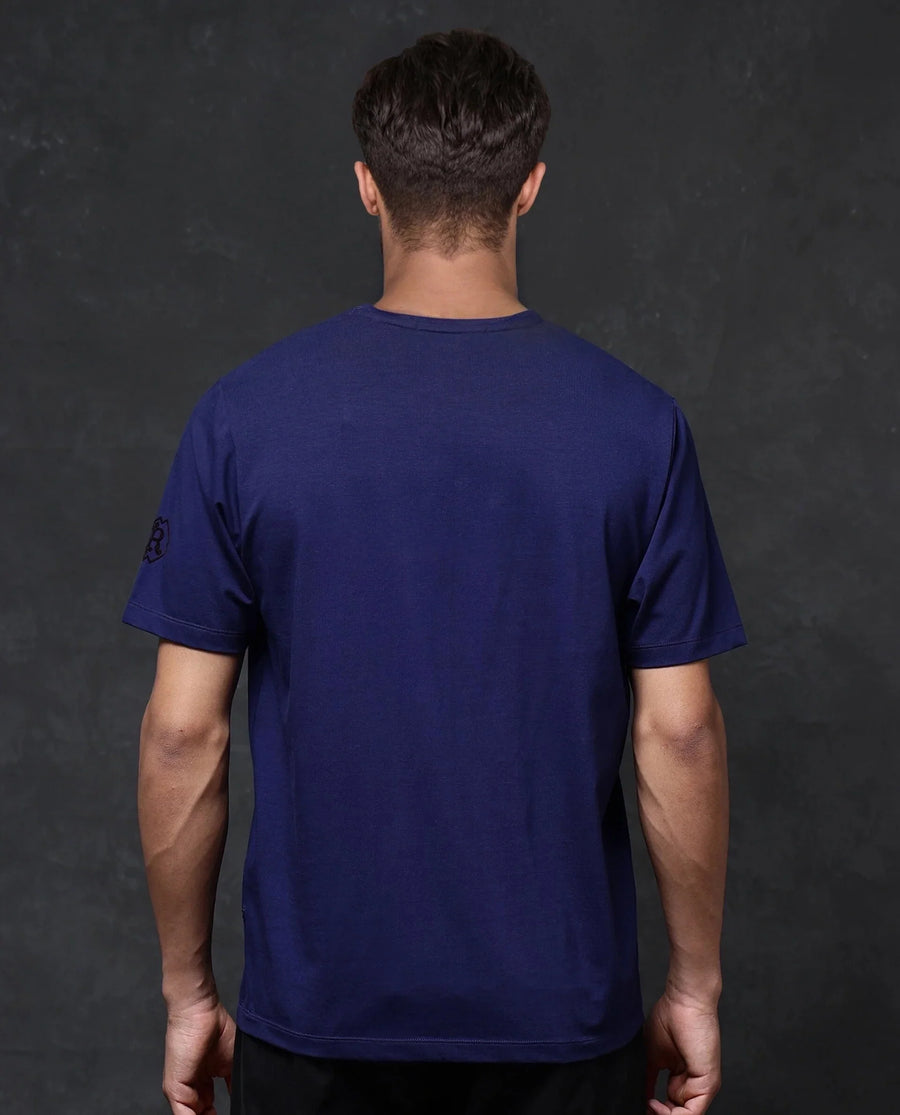 Rare Rabbit Men's Odon Navy Cotton Blend Graphic Print Regular Fit Half Sleeve Crew Neck T-Shirt