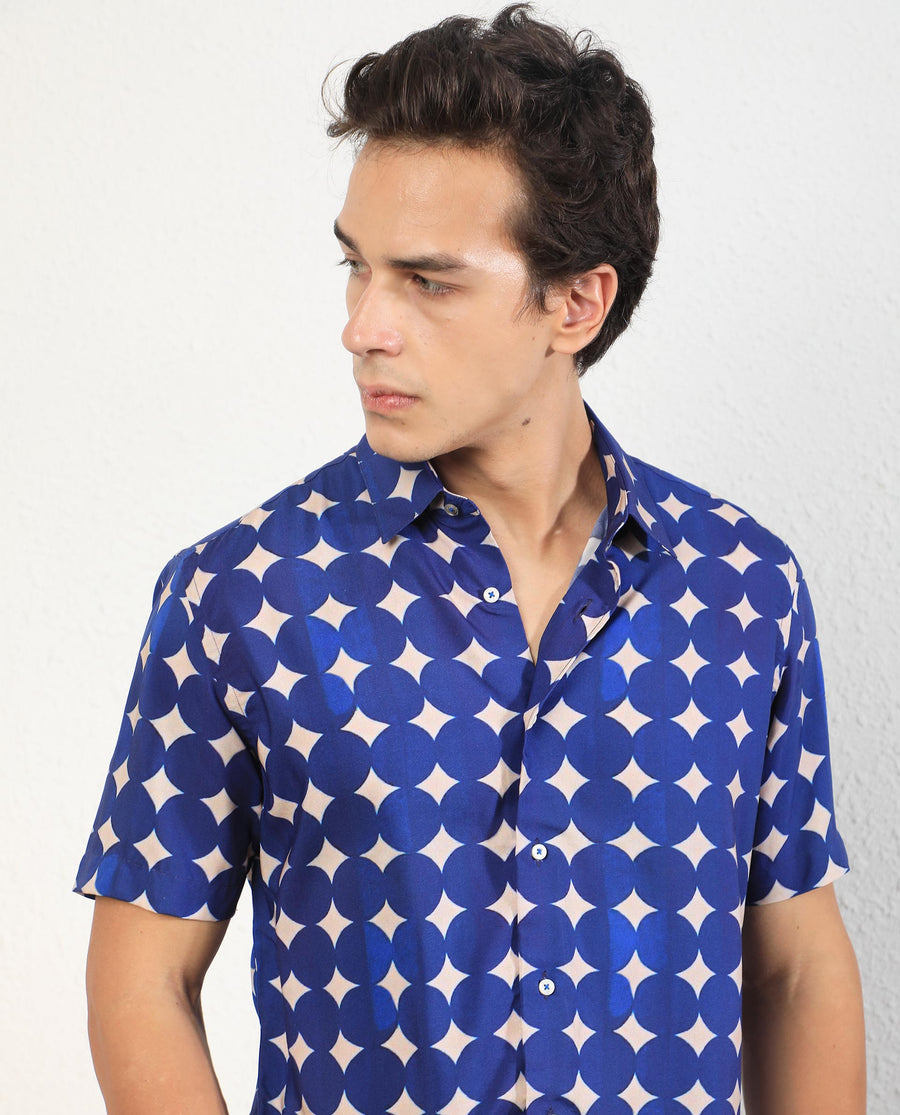 Rare Rabbit Men's Clinton Blue Viscose Geometric Print Regular Fit Half Sleeve Collared Shirt