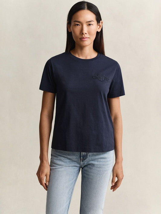 Gant Women Navy Blue Solid Regular Fit Shield T-Shirt