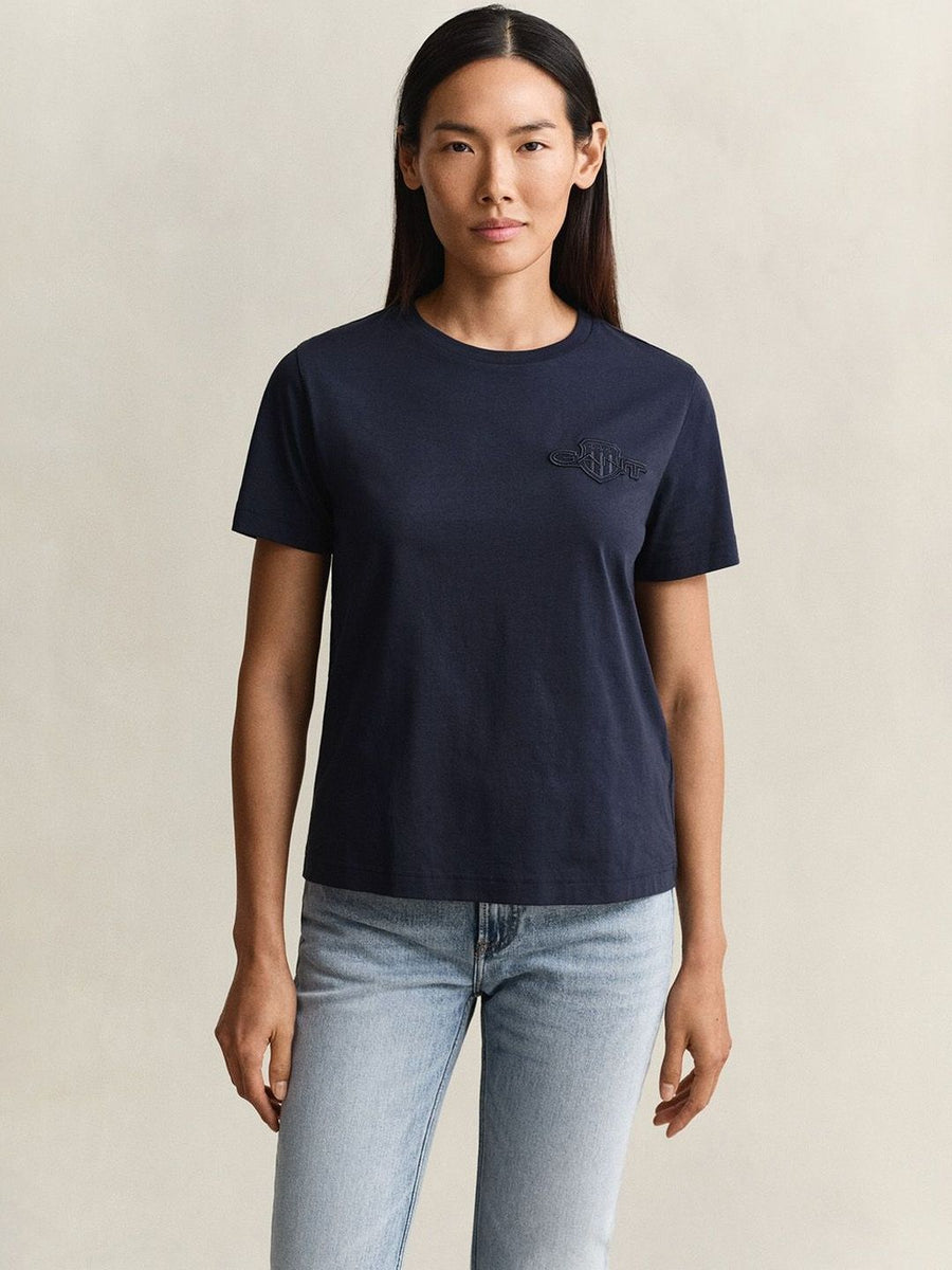 Gant Women Navy Blue Solid Regular Fit Shield T-Shirt