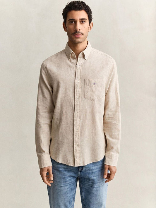 Gant Men Beige Solid Regular Fit Cotton Linen Shirt