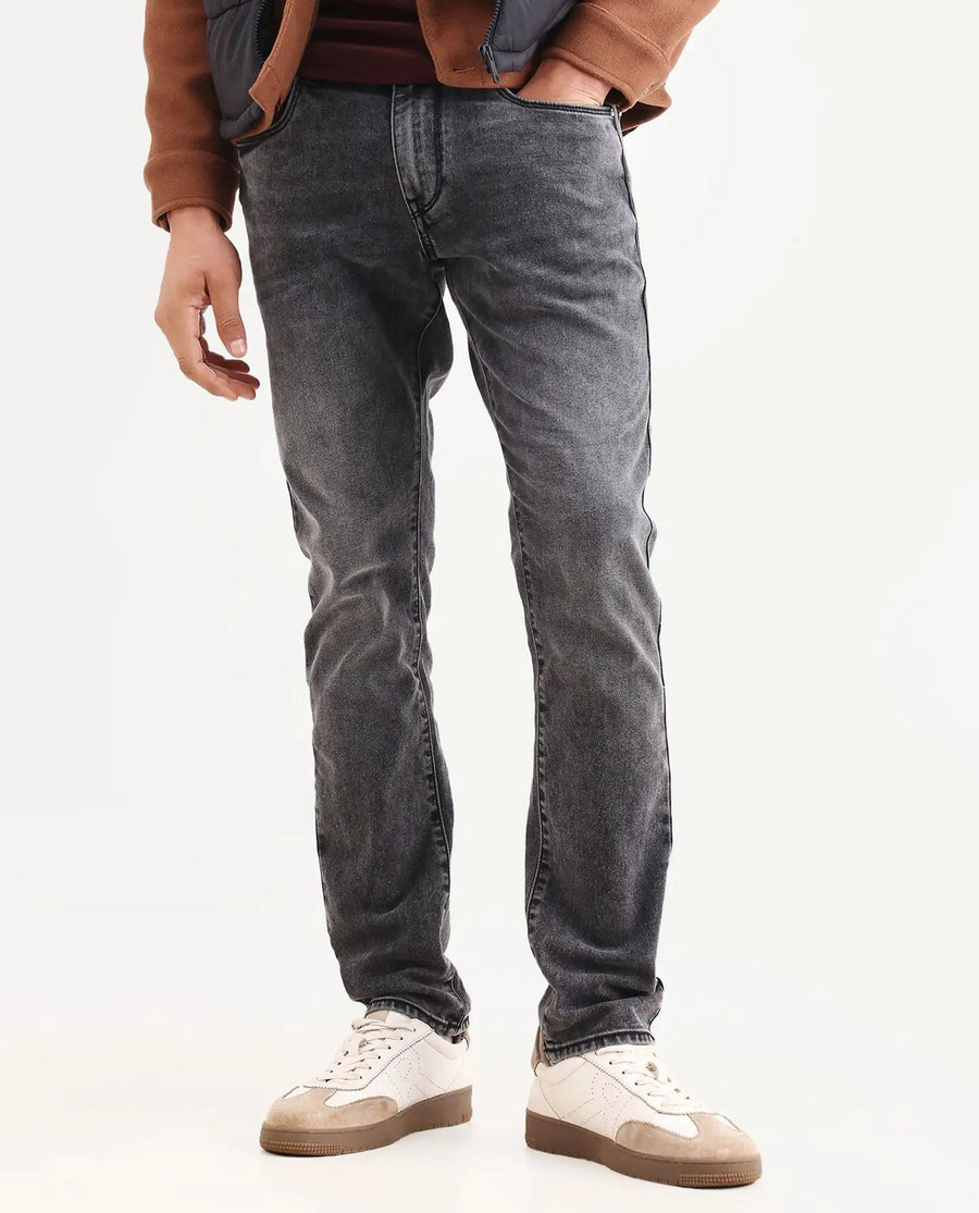 Rare Rabbit Men's Oris 26 Dark Grey Cotton Blend Fabric Hawk Slim Fit Plain Jeans