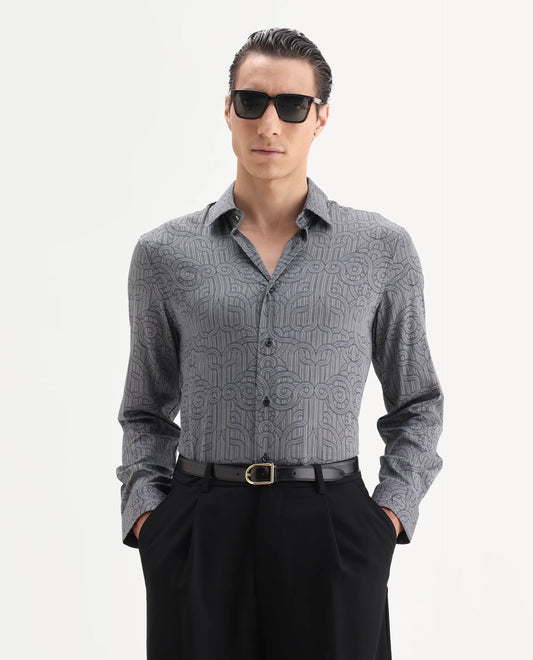 Rare Rabbit Men's Orlo Black Cotton Blend Fabric Full Sleeve Spread Collar Geometric Print Shirt