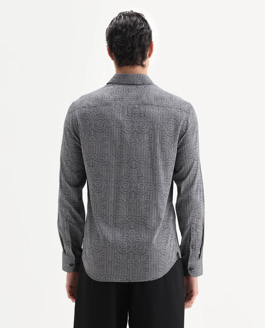 Rare Rabbit Men's Orlo Black Cotton Blend Fabric Full Sleeve Spread Collar Geometric Print Shirt