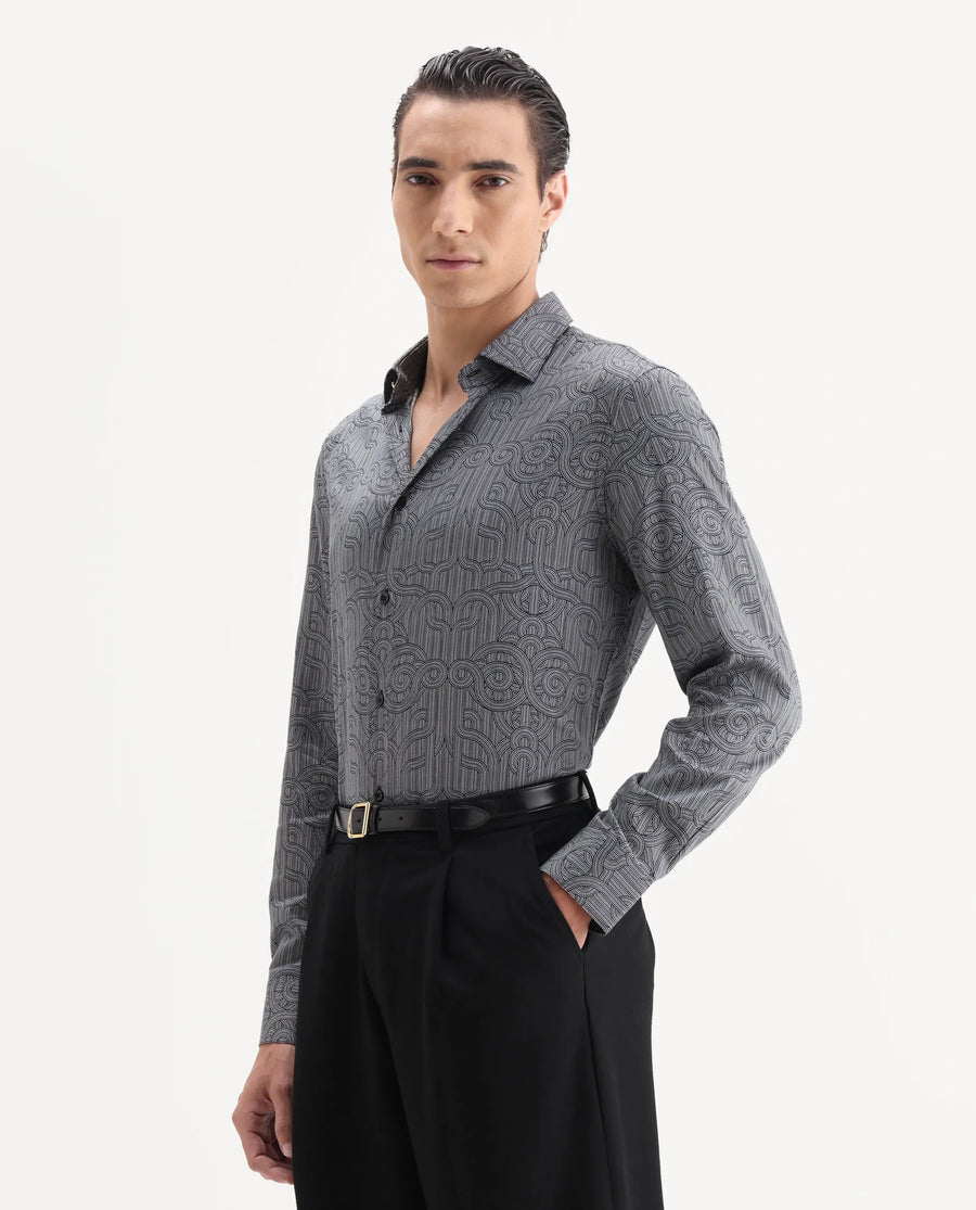 Rare Rabbit Men's Orlo Black Cotton Blend Fabric Full Sleeve Spread Collar Geometric Print Shirt