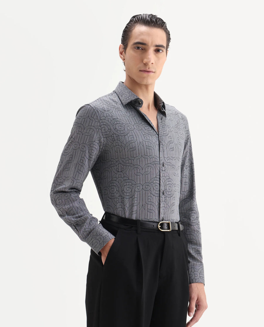 Rare Rabbit Men's Orlo Black Cotton Blend Fabric Full Sleeve Spread Collar Geometric Print Shirt