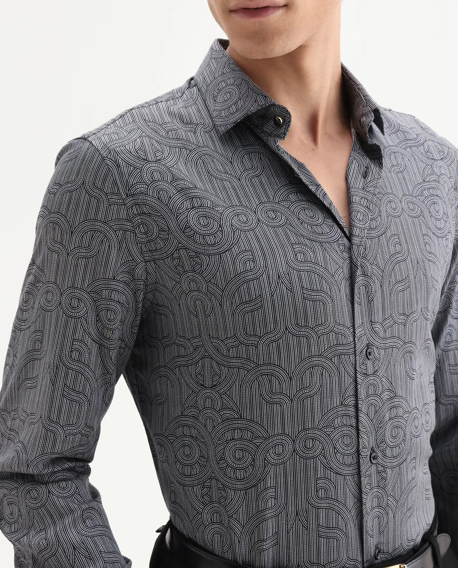 Rare Rabbit Men's Orlo Black Cotton Blend Fabric Full Sleeve Spread Collar Geometric Print Shirt