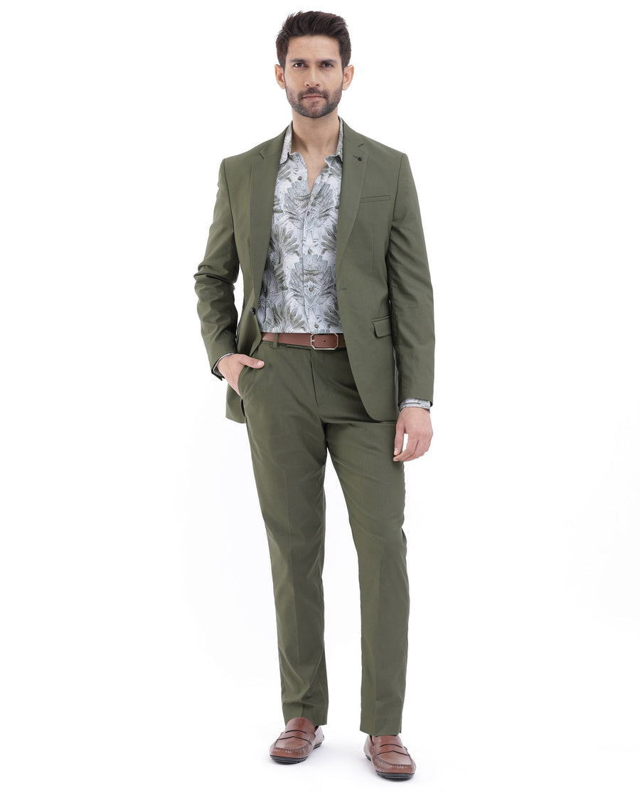 Rare Rabbit Men's Oscar Dark Olive Polyester Plain Tailored Fit Full Sleeve Lapel Neck Suits