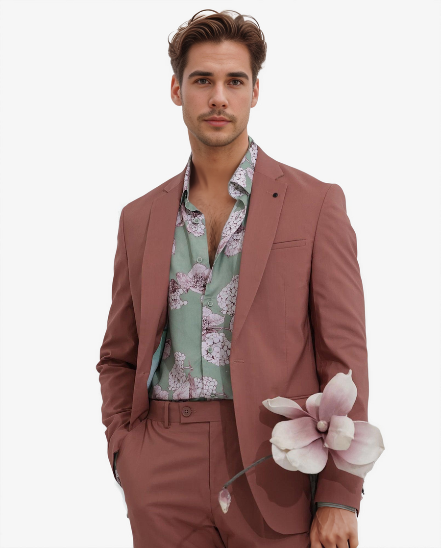 Rare Rabbit Men's Oscar Pastel Pink Polyester Plain Tailored Fit Full Sleeve Lapel Neck Suits