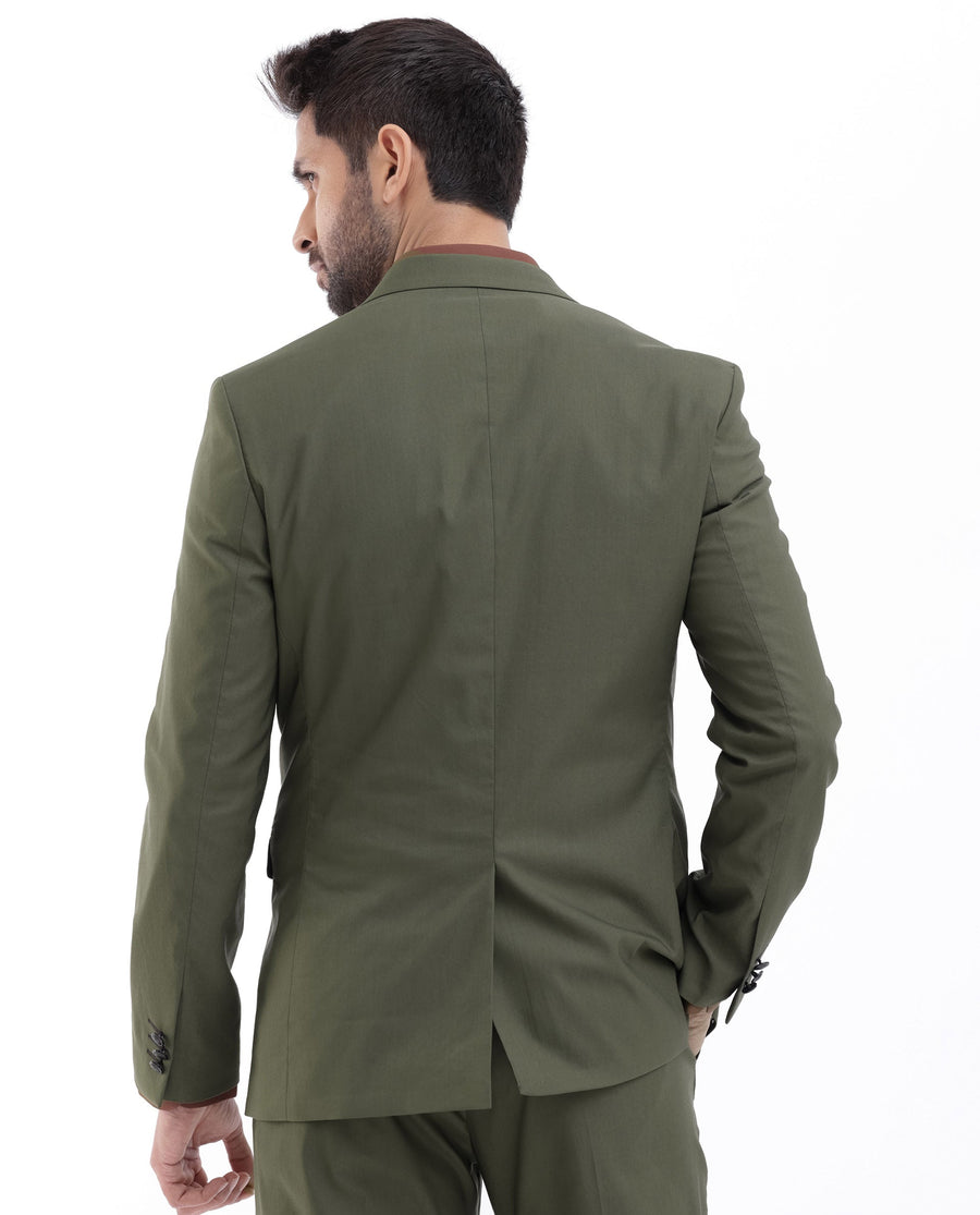 Rare Rabbit Men's Oscar Dark Olive Polyester Plain Tailored Fit Full Sleeve Lapel Neck Suits