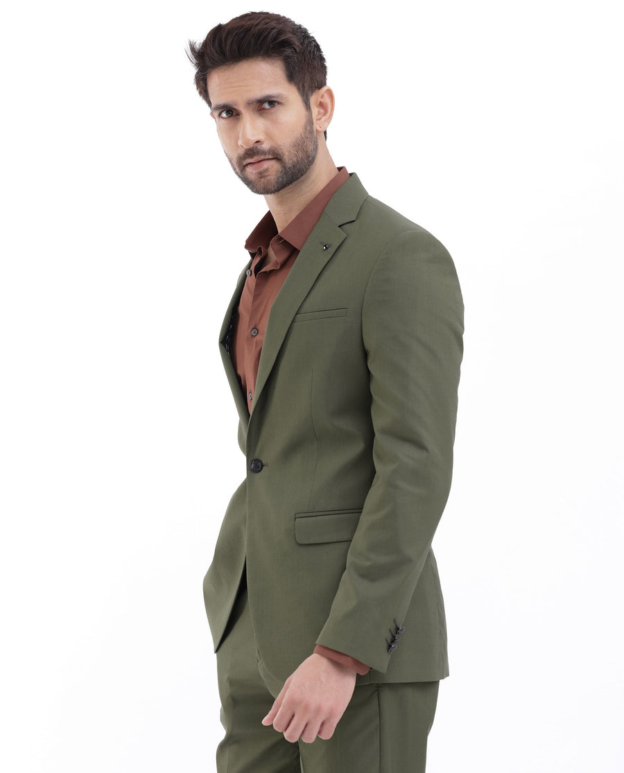 Rare Rabbit Men's Oscar Dark Olive Polyester Plain Tailored Fit Full Sleeve Lapel Neck Suits
