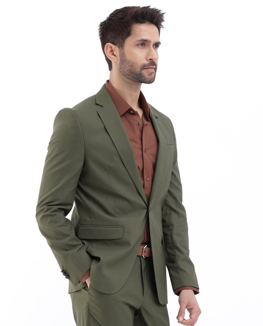 Rare Rabbit Men's Oscar Dark Olive Polyester Plain Tailored Fit Full Sleeve Lapel Neck Suits