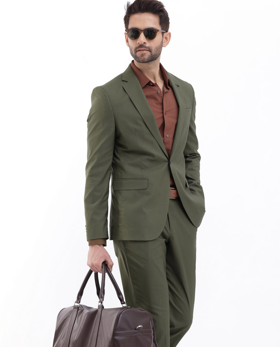 Rare Rabbit Men's Oscar Dark Olive Polyester Plain Tailored Fit Full Sleeve Lapel Neck Suits