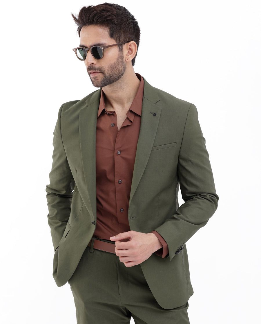 Rare Rabbit Men's Oscar Dark Olive Polyester Plain Tailored Fit Full Sleeve Lapel Neck Suits