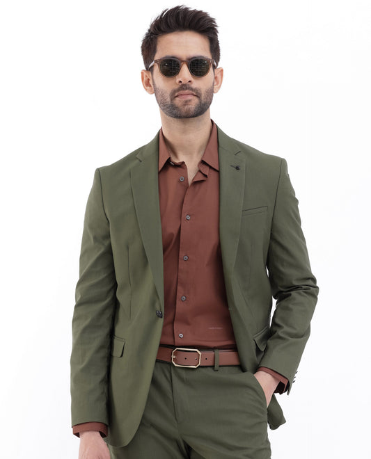 Rare Rabbit Men's Oscar Dark Olive Polyester Plain Tailored Fit Full Sleeve Lapel Neck Suits