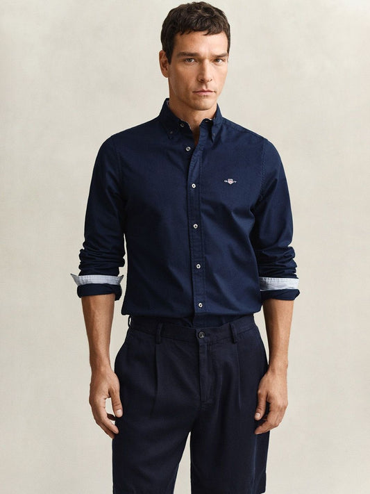Gant Men Navy Blue Solid Slim Fit Oxford Shirt