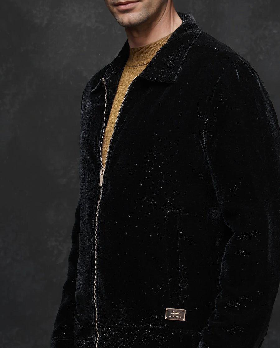 Rare Rabbit Men's Otaki-2 Black Lurex Blend Plain Regular Fit Full Sleeve Spread Collar Jacket