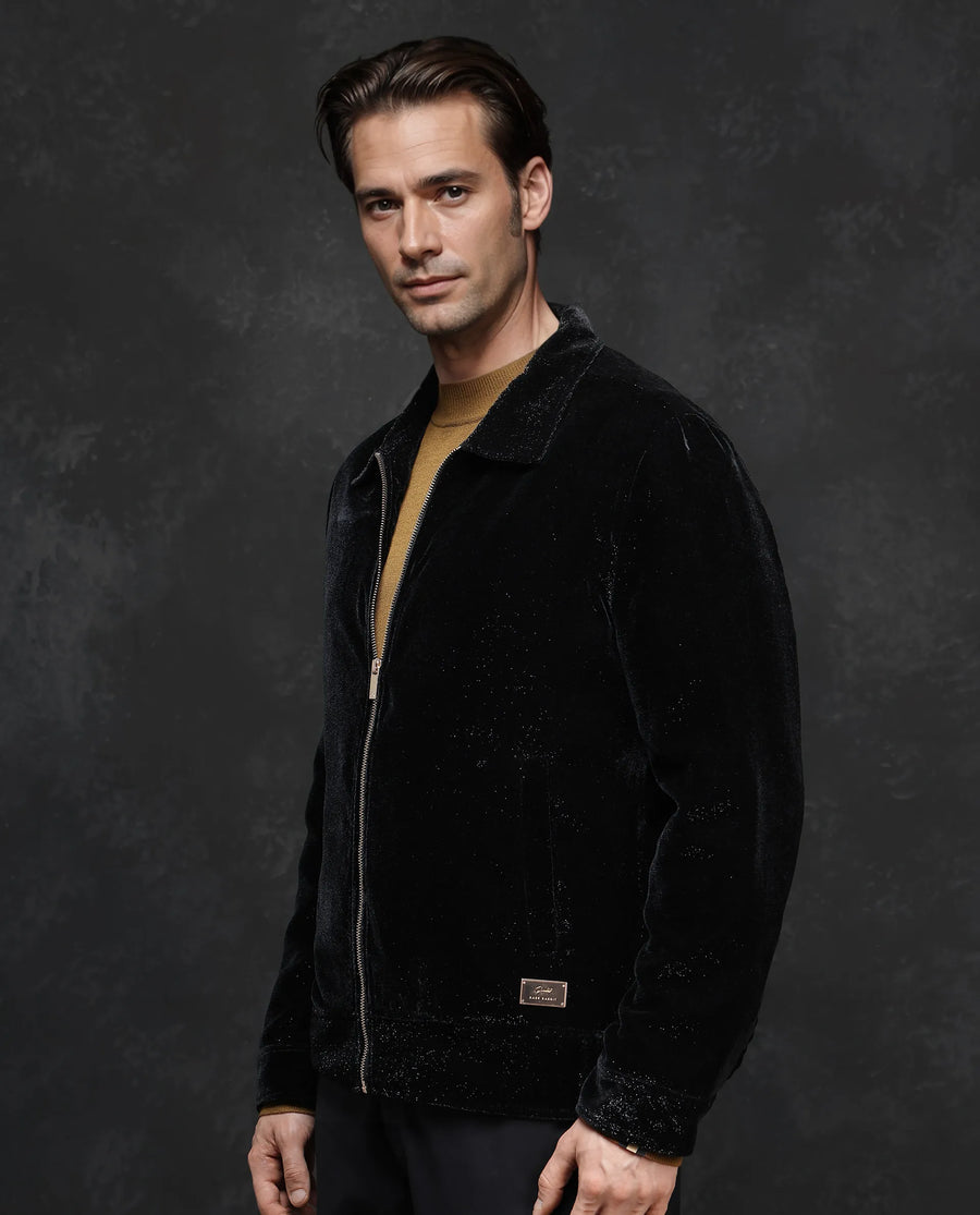 Rare Rabbit Men's Otaki-2 Black Lurex Blend Plain Regular Fit Full Sleeve Spread Collar Jacket