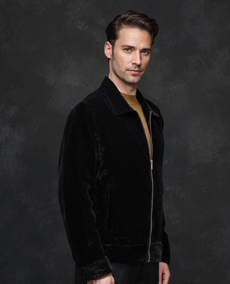 Rare Rabbit Men's Otaki-2 Black Lurex Blend Plain Regular Fit Full Sleeve Spread Collar Jacket