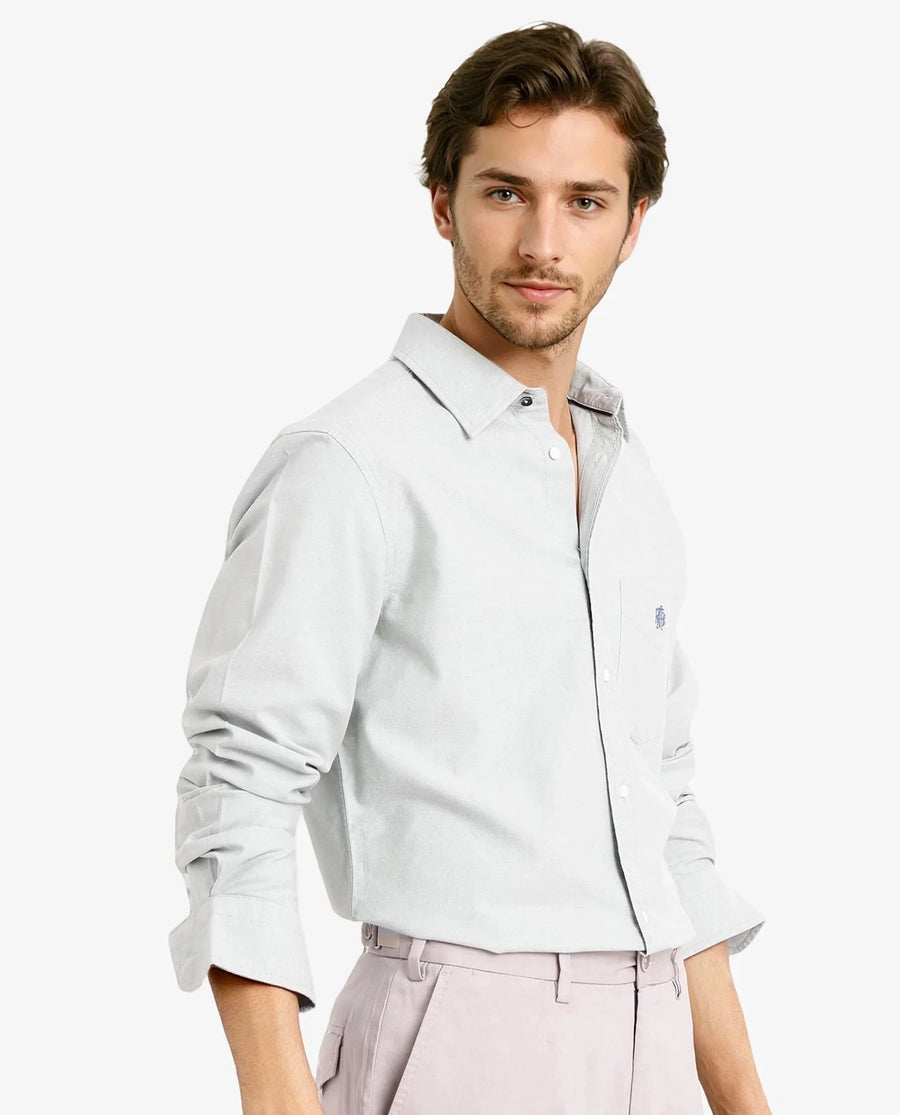 Rare Rabbit Men's Oxo Dusky Green Cotton Blend Plain Regular Fit Full Sleeve Collared Shirt