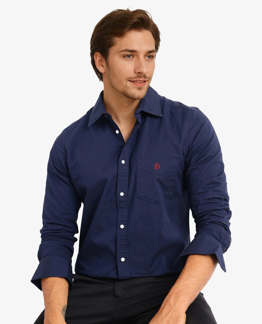 Rare Rabbit Men's Oxo Navy Cotton Blend Plain Regular Fit Full Sleeve Collared Shirt