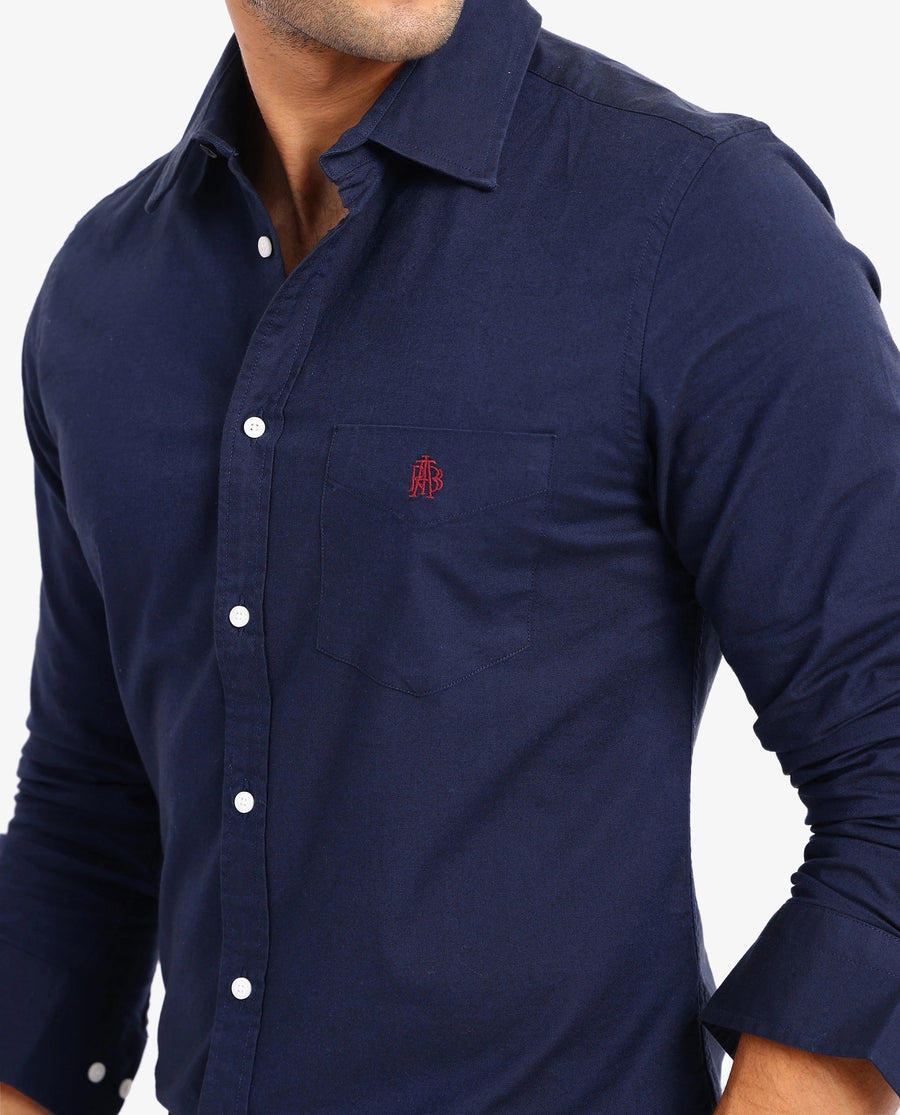 Rare Rabbit Men's Oxo Navy Cotton Blend Plain Regular Fit Full Sleeve Collared Shirt