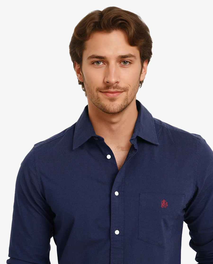 Rare Rabbit Men's Oxo Navy Cotton Blend Plain Regular Fit Full Sleeve Collared Shirt