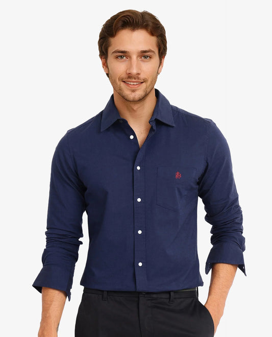 Rare Rabbit Men's Oxo Navy Cotton Blend Plain Regular Fit Full Sleeve Collared Shirt