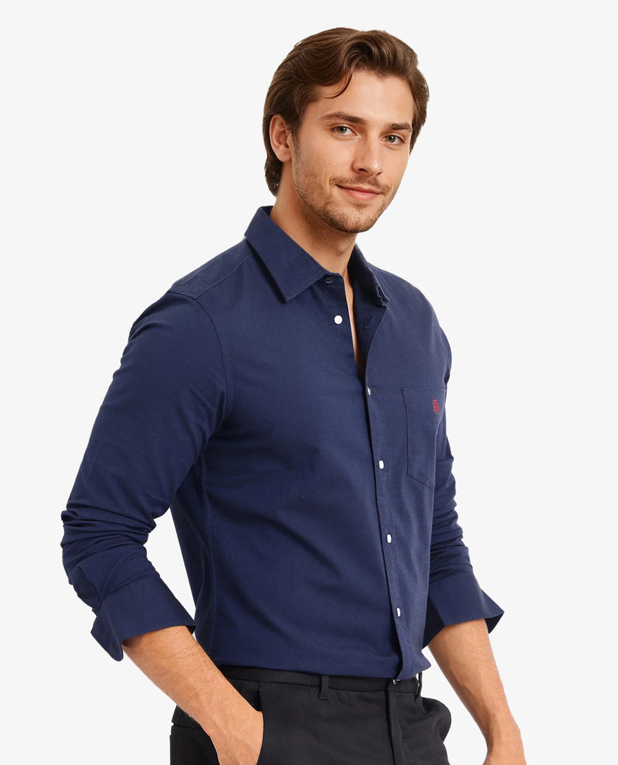 Rare Rabbit Men's Oxo Navy Cotton Blend Plain Regular Fit Full Sleeve Collared Shirt